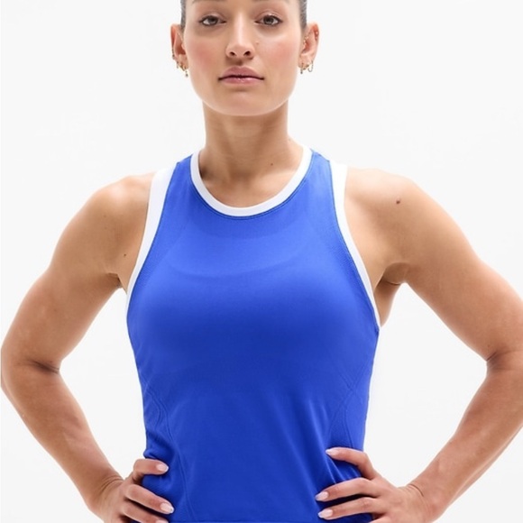 NWT Athleta Momentum Seamless High Neck Crop Tank Varsity/White XL - Picture 1 of 8